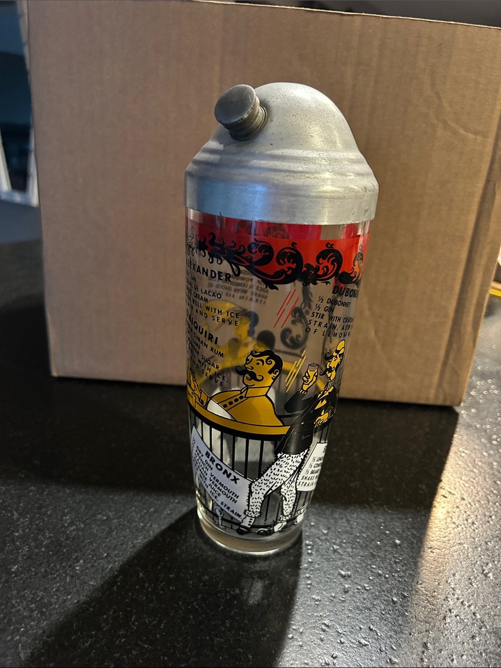 Vintage Hazel-Atlas Silver Top Cocktail Shaker with Yellow & Red Illustration